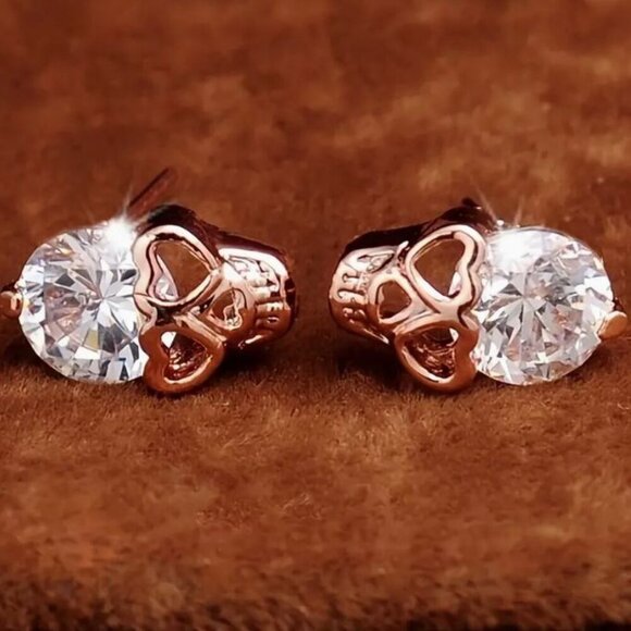 NEW Dainty 14K Rose Gold Plated Crystal Skull Stud Earrings - Picture 3 of 4
